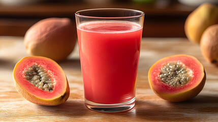 Glass of fresh red guava juice sits on empty light brown wooden table surrounded by couple of whole and sliced ​​halves of guava lying separately against modern kitchen background 