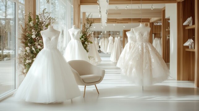 An airy bridal showroom features several wedding dresses, showcasing intricate designs and elegance, creating an enchanting atmosphere for brides-to-be to explore.