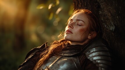 A female warrior rests against a tree, showcasing her armor and serene expression. The natural lighting highlights her strength and tranquility, emblematic of resilience and courage.