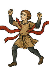 A man breaks through a red ribbon, symbolizing achievement and success. Medieval manuscript style, conceptual image. Isolated on transparent background.