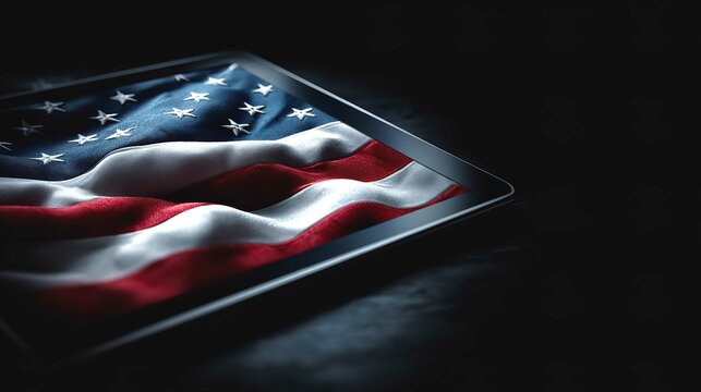 The American flag displayed vibrantly on a modern tablet representing digital patriotism and connection with dark and