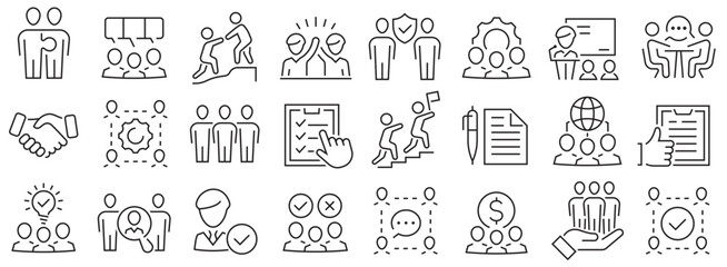 Partnership icon set. Business, agreement, cooperation, conversation, teamwork, documentation and more. Outline icon collection. Editable stroke. Vector illustration