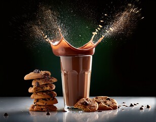 chocolate chip cookies spilling the glass and splashing everything splashing into a glass of hot cocoa