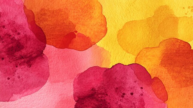 Warm watercolor abstract featuring soft flowing shapes in mango yellow, raspberry red, and citrus orange. Light pigment bleed on watercolor paper texture. Airy, summery, and vibrant visual