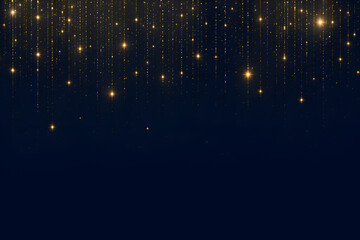 Golden Sparkling Glitter Light Strings Falling from Top on Dark Blue Background for Holiday Celebration or Glamorous Party Design