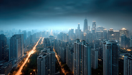 Modern cityscape night skyscraper skyline, illuminated street, urban architecture, dramatic sky, vibrant atmosphere