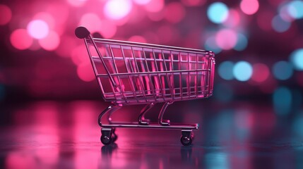 This vibrant image features a shiny shopping cart placed amidst a colorful bokeh background, evoking feelings of excitement and consumerism in a playful manner.