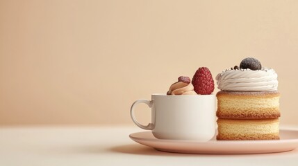 Food mockup poster with assorted desserts and coffee cup on beige pastel background