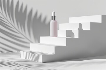Elegant dropper bottle on a white stairs pedestal for skincare beauty product promotional background