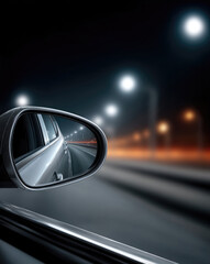Car mirror night highway streetlight motion reflection blurred speed travel create dynamic scene of car driving highway night