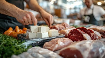 An array of fresh meats and tofu on display at a market, showcasing the variety of options for meat lovers and vegetarians alike, perfect for a vibrant culinary environment.