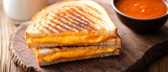 Golden Grilled Cheese Sandwich with Melted Cheese Served on Wooden Board