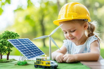 Smiling girl in yellow helmet playing with solar panel and wind turbine models outdoors learning about renewable energy