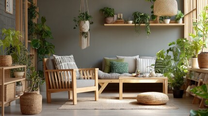 Cozy interior with wood furniture and houseplants arranged stylishly