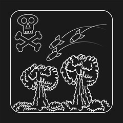 Flying bombs, explosions and skull with crossbones as a symbol of modern war. White doodles and squiggles on a black background. Icon, emblem. Vector illustration