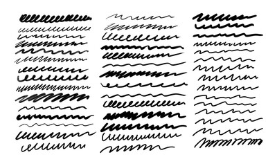 Forty four hand drawn wavy lines made with different artistic tools. Vector set