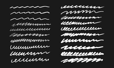Twenty handwritten wavy lines of different thickness and shape. White on black. Vector set