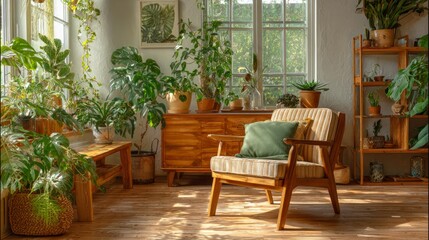 Cozy interior with wood furniture and houseplants arranged stylishly