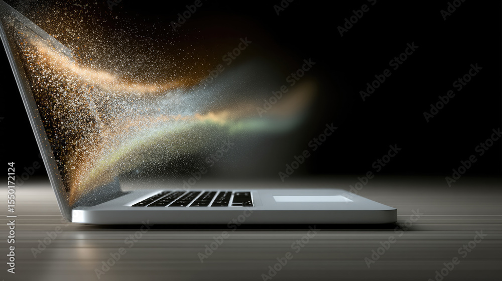 Poster side view laptop open on desk with glowing digital particles swirling from screen, futuristic and cr