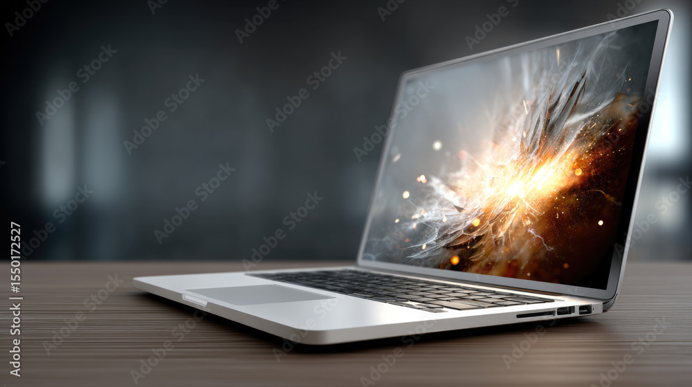 Poster open laptop side view on wooden table with abstract digital explosion on screen, modern workspace co