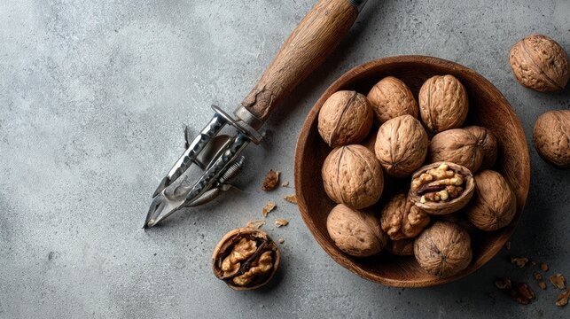Fresh walnuts in a bowl with nutcracker arranged on a grey tabletop, top-down view