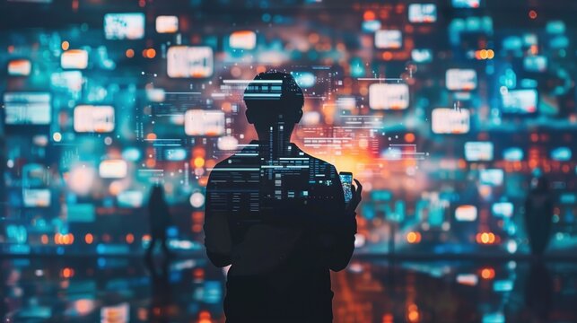 Person immersed in phone screen surrounded by digital noise and inner disconnect. - Powered by Adobe