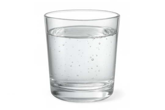 Transparent glass filled with sparkling water, showcasing effervescent bubbles against a clear background, embodying purity and refreshment