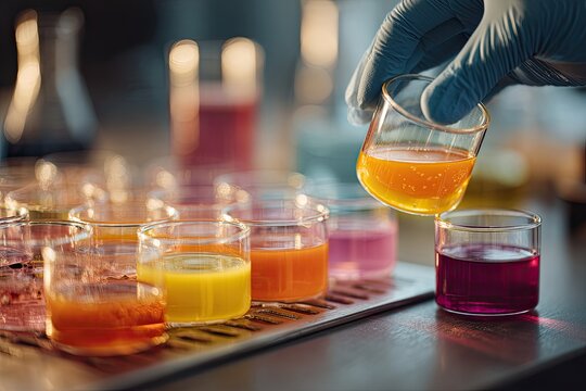 Vitamin synthesis laboratory with biohacker examining nutrient levels, in the morning light, vibrant color palette, close-up