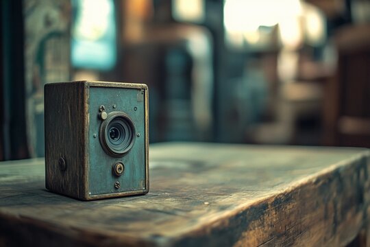Replica of first pinhole camera on wooden table