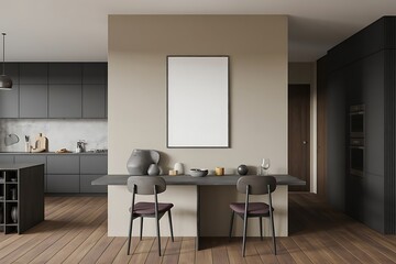 Fototapeta premium Modern kitchen with dark cabinets and a dining area with a blank frame