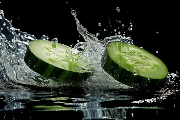 Two Sliced Cucumbers Collide in Water, Creating a Splash of Freshness on a Glossy Black Surface