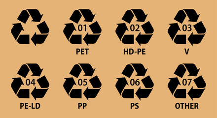 Plastic recycling code symbols 01 to 07, PETE, HDPE, PVC, LDPE, PP, PS, OTHER icons on brown background. Recycle symbols for plastic Identification, Eco waste sorting, Vector illustration.