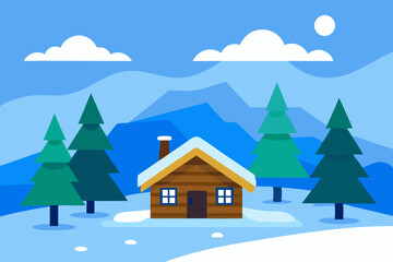 Christmas winter landscape with a house and snow-covered trees, an ideal holiday scene