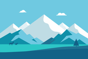 Mountain landscape vector illustration of nature with snow peaks and blue sky