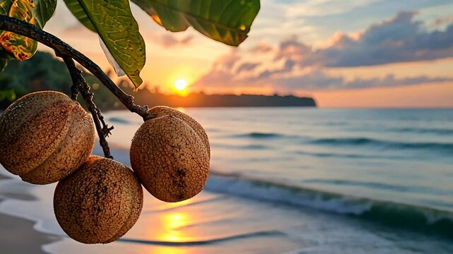 chiku on branch in maharashtra coastal at sunset video