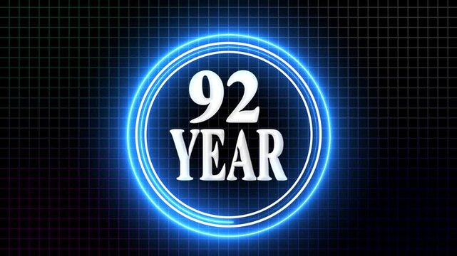 92 Year Anniversary Celebration Graphic Futuristic 92-Year Event Highlight Glowing Neon 92-Year Animation. on the black background.