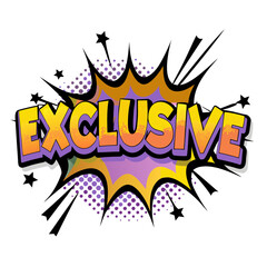 Colorful comic book style "EXCLUSIVE" text pop art explosion, isolated vector image on transparent background  