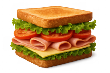 Toasted sandwich layers featuring ham, cheese, tomato, lettuce on transparent background, ideal for culinary graphic design