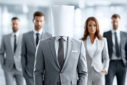 Businessman with paper covering head standing among team members symbolizing anonymity and identity loss in corporate environment, Generative AI