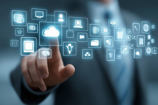 Businessman interacting with digital touchscreen cloud computing interface surrounded by floating icons and services, Generative AI - Powered by Adobe