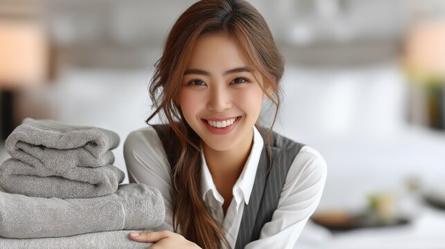 Smiling hotel maid holding clean folded towels in elegant modern guest room representing hospitality and customer service, Generative AI