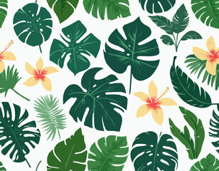 Set of different tropical and other isolated green leaves. Palm, banana leaf, hibiscus, plumeria, split leaf, philodendron. Jungle collection for your design.Vector illustration.