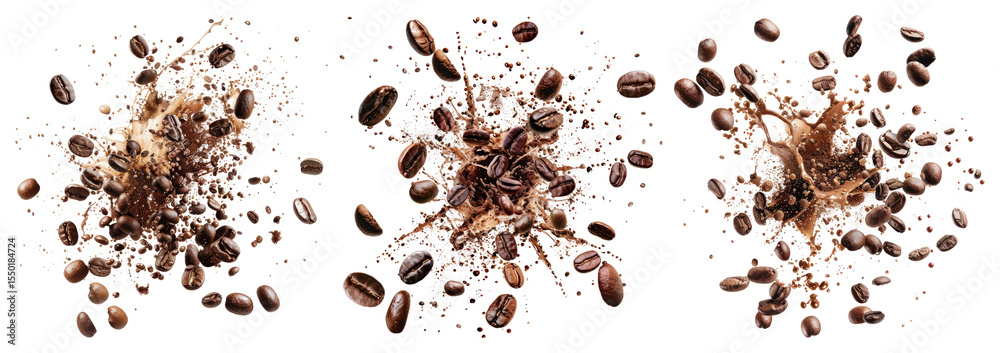 Wall mural png dynamic coffee beans explosion art, element set on transparent background