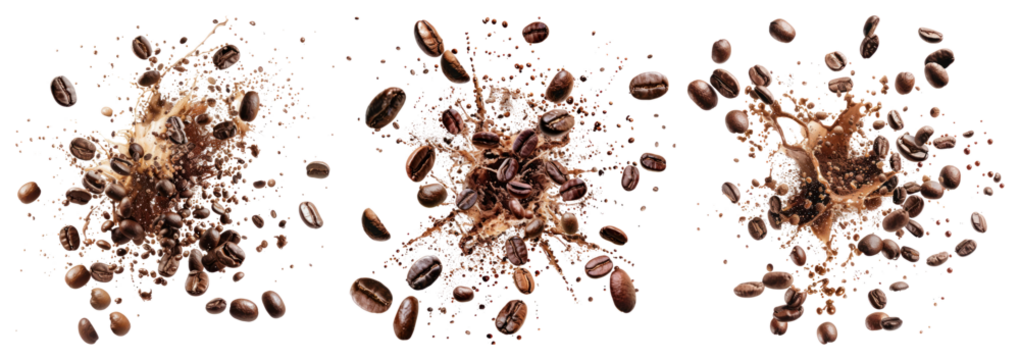 PNG Dynamic coffee beans explosion art, element set on transparent background