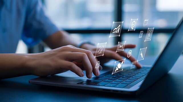 Navigating the Digital Realm: A close-up shot of hands typing on a laptop. the user immersed in a sea of interactive digital graphics representing data analysis and online business.