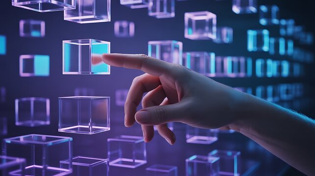 Digital interaction: A single fingertip touches a translucent cube, symbolizing data interaction, digital innovation, and technological advancements, set against a dynamic digital display.
