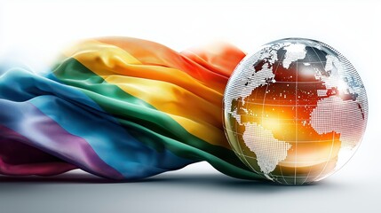 Globe with flowing rainbow pride flag symbolizing global LGBTQ unity, inclusion, and human rights awareness, Generative AI