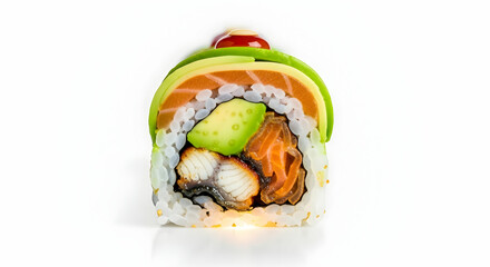 Delicious Sushi Roll With Salmon And Avocado On A White Background