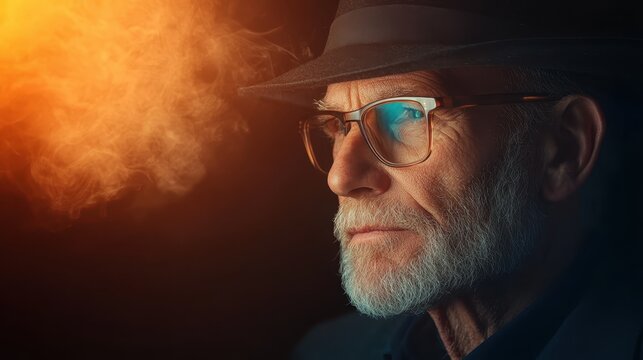 An elderly man with glasses and a hat looks contemplatively into the distance, surrounded by dramatic lighting that highlights his wise demeanor and intense expression. - Powered by Adobe