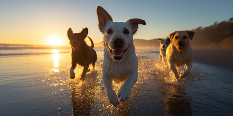 Dogs in the Surf – Candid Beach Scene with Shallow Depth of Field